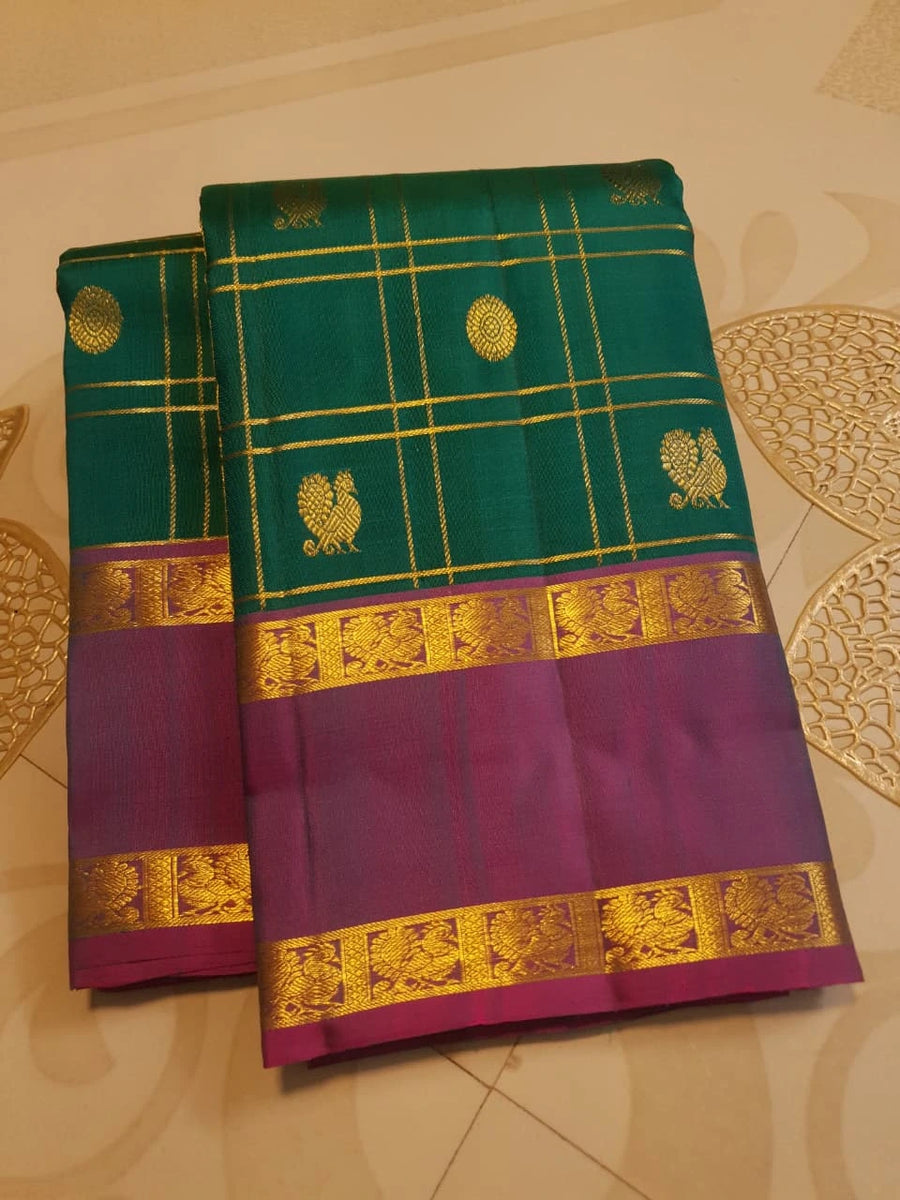 2G Pure Kanjivaram Silk Saree in Bottle Green with Magenta Purple Zari Border, Gold Zari Checks & Peacock Butta | Silkmark Certified