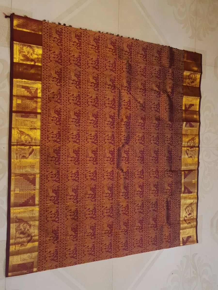 2G  Pure Zari Kanjivaram Silk Saree in Deep Maroon with Rich Gold Zari Floral Stripes & Traditional Elephant Motifs | Silkmark Certified