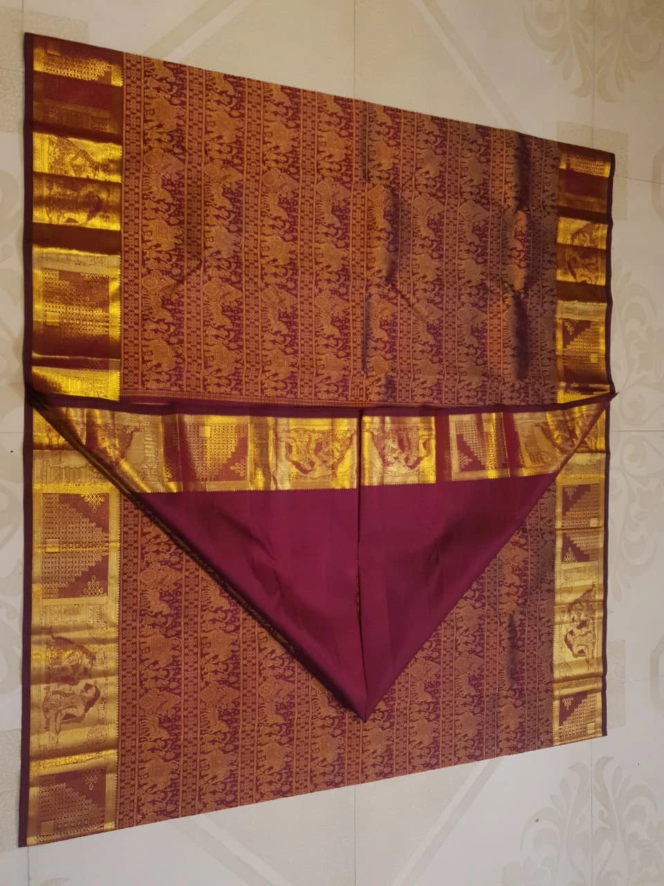 2G  Pure Zari Kanjivaram Silk Saree in Deep Maroon with Rich Gold Zari Floral Stripes & Traditional Elephant Motifs | Silkmark Certified
