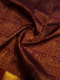2G  Pure Zari Kanjivaram Silk Saree in Deep Maroon with Rich Gold Zari Floral Stripes & Traditional Elephant Motifs | Silkmark Certified