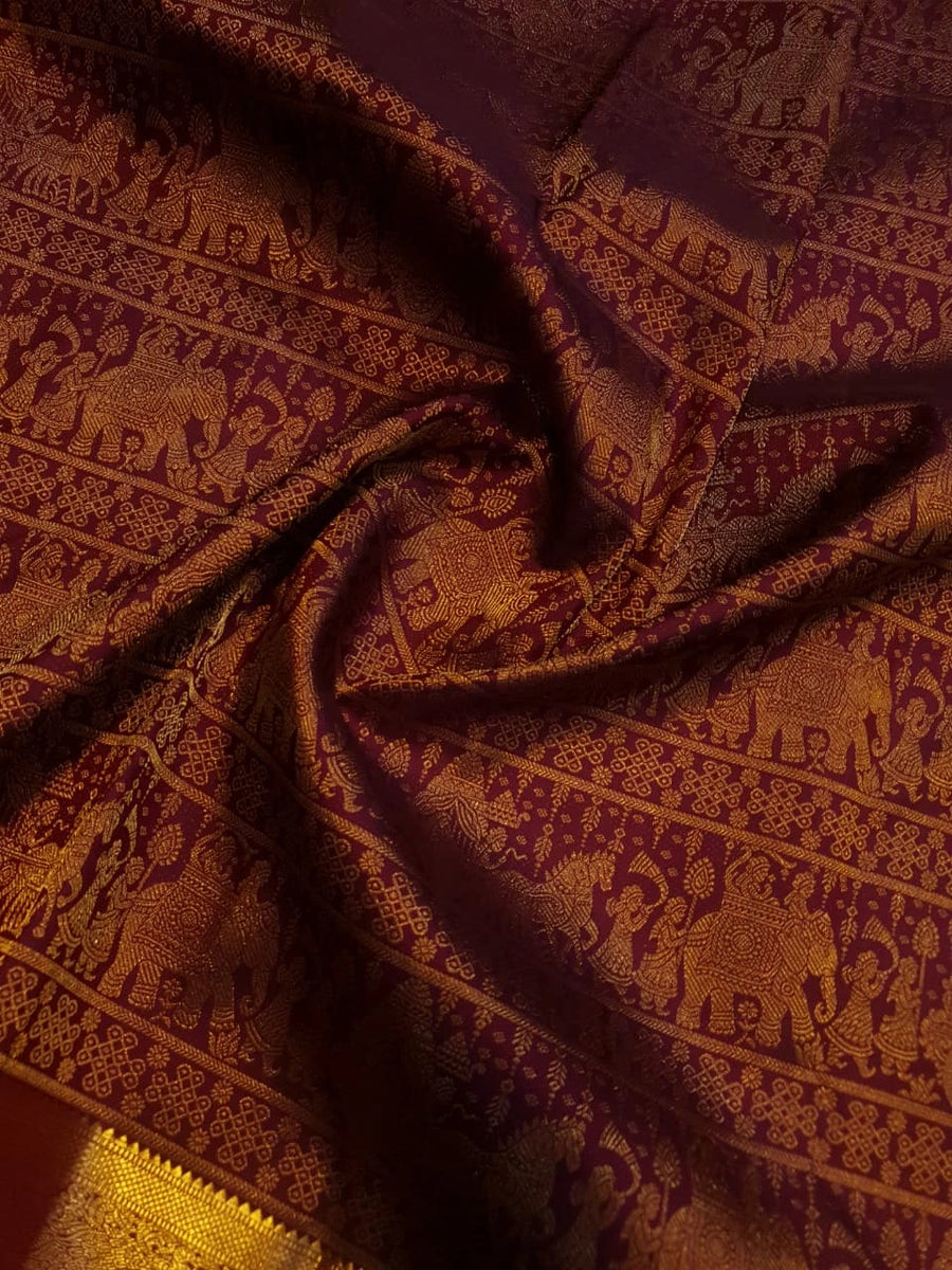 2G  Pure Zari Kanjivaram Silk Saree in Deep Maroon with Rich Gold Zari Floral Stripes & Traditional Elephant Motifs | Silkmark Certified