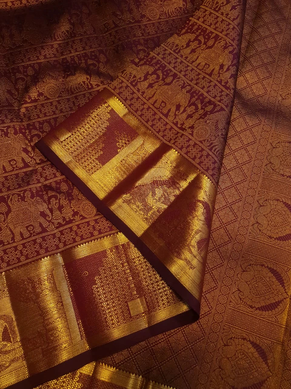 2G  Pure Zari Kanjivaram Silk Saree in Deep Maroon with Rich Gold Zari Floral Stripes & Traditional Elephant Motifs | Silkmark Certified