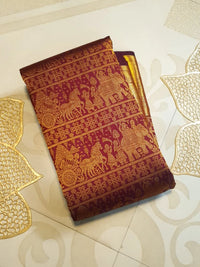 2G  Pure Zari Kanjivaram Silk Saree in Deep Maroon with Rich Gold Zari Floral Stripes & Traditional Elephant Motifs | Silkmark Certified