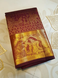 2G  Pure Zari Kanjivaram Silk Saree in Deep Maroon with Rich Gold Zari Floral Stripes & Traditional Elephant Motifs | Silkmark Certified