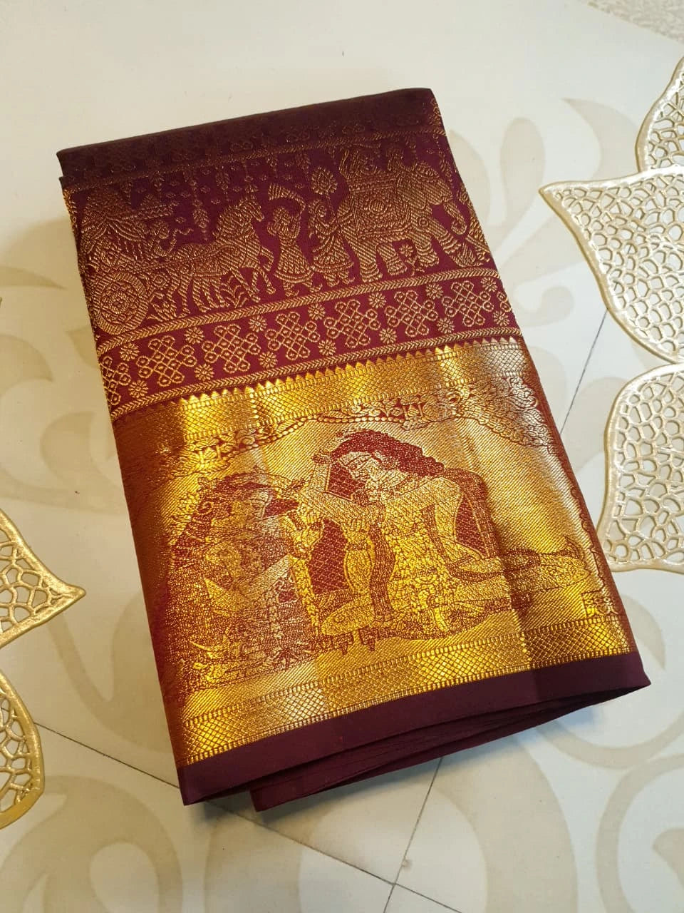 2G  Pure Zari Kanjivaram Silk Saree in Deep Maroon with Rich Gold Zari Floral Stripes & Traditional Elephant Motifs | Silkmark Certified