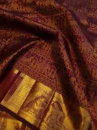 2G  Pure Zari Kanjivaram Silk Saree in Deep Maroon with Rich Gold Zari Floral Stripes & Traditional Elephant Motifs | Silkmark Certified