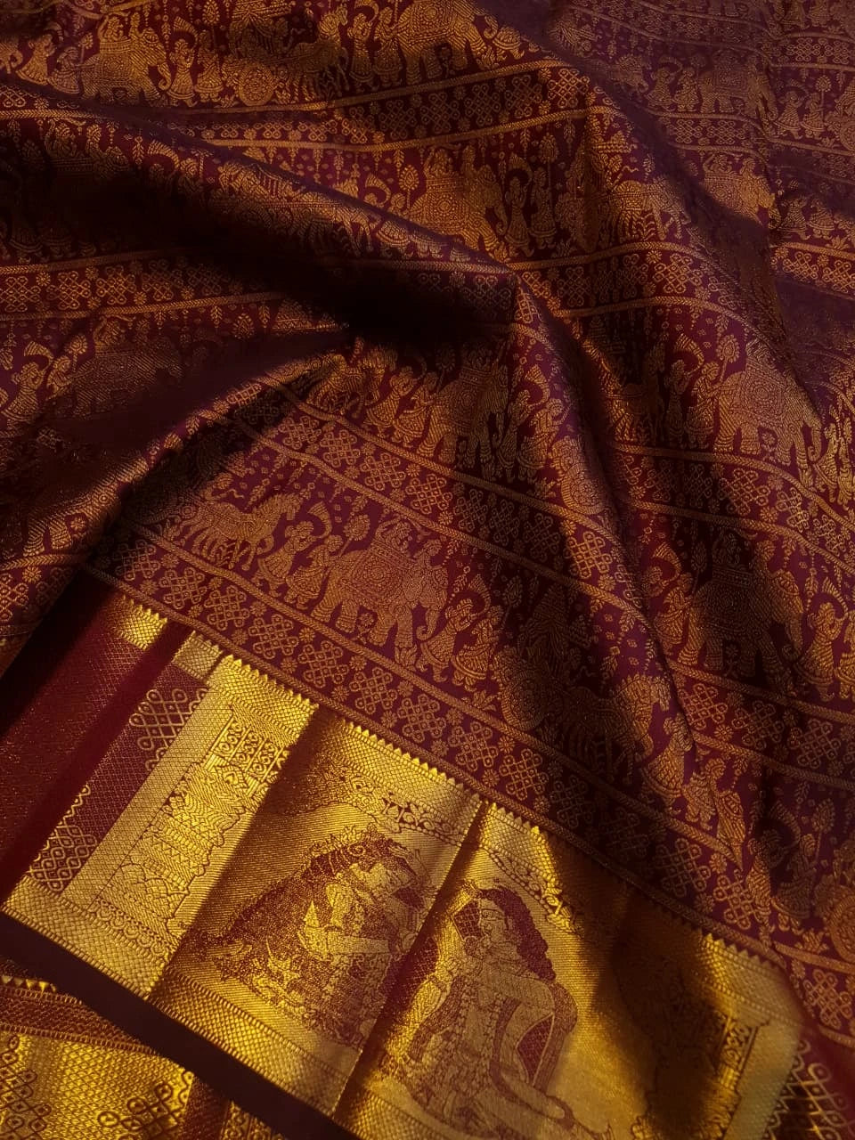2G  Pure Zari Kanjivaram Silk Saree in Deep Maroon with Rich Gold Zari Floral Stripes & Traditional Elephant Motifs | Silkmark Certified