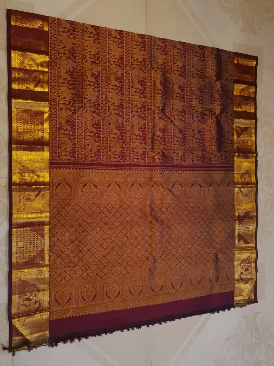 2G  Pure Zari Kanjivaram Silk Saree in Deep Maroon with Rich Gold Zari Floral Stripes & Traditional Elephant Motifs | Silkmark Certified