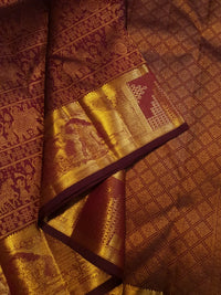 2G  Pure Zari Kanjivaram Silk Saree in Deep Maroon with Rich Gold Zari Floral Stripes & Traditional Elephant Motifs | Silkmark Certified