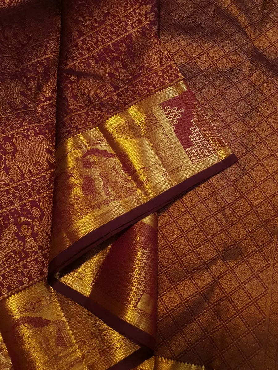 2G  Pure Zari Kanjivaram Silk Saree in Deep Maroon with Rich Gold Zari Floral Stripes & Traditional Elephant Motifs | Silkmark Certified