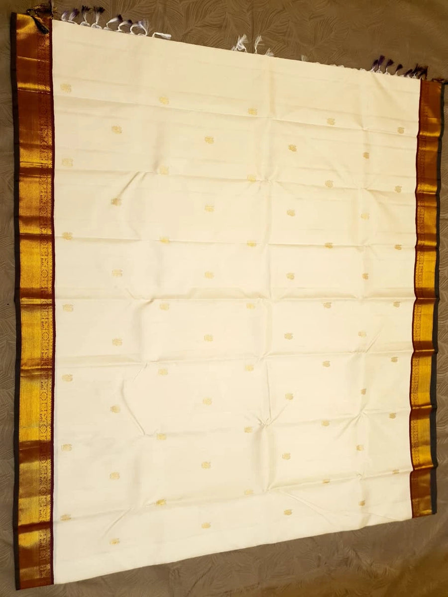 2G Pure Kanjivaram Silk Saree in Cream with Rich Maroon & Gold Zari Peacock Border | Silkmark Certified