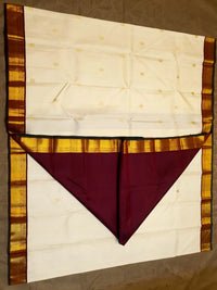 2G Pure Kanjivaram Silk Saree in Cream with Rich Maroon & Gold Zari Peacock Border | Silkmark Certified