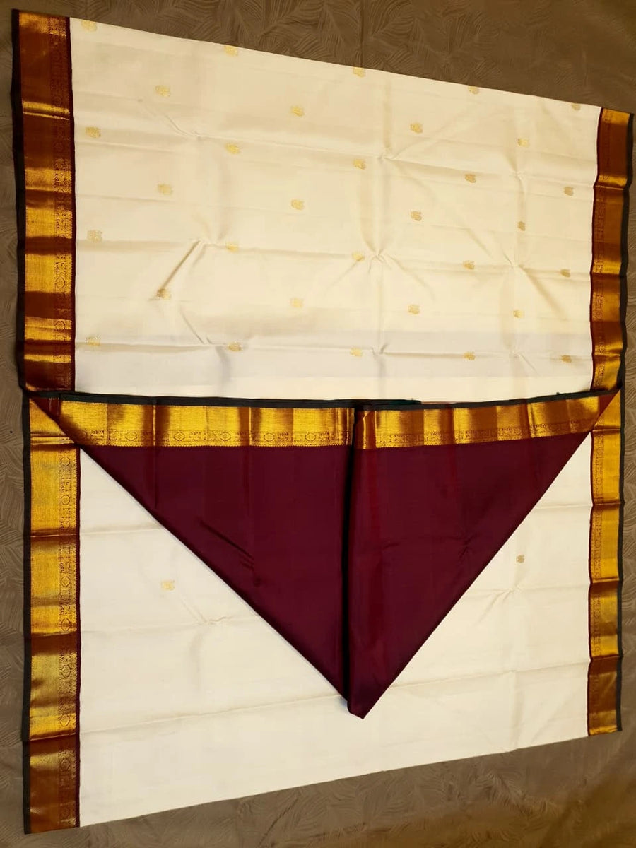 2G Pure Kanjivaram Silk Saree in Cream with Rich Maroon & Gold Zari Peacock Border | Silkmark Certified