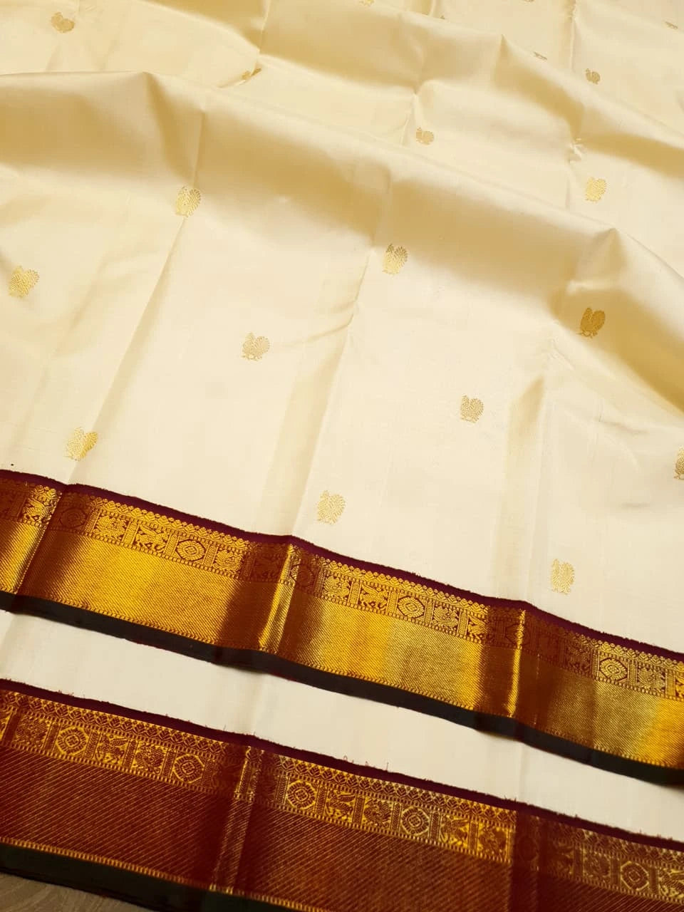 2G Pure Kanjivaram Silk Saree in Cream with Rich Maroon & Gold Zari Peacock Border | Silkmark Certified