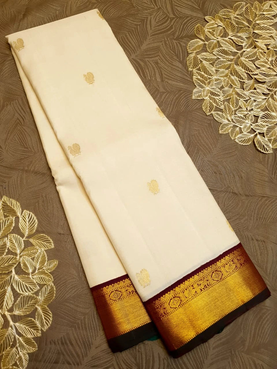 2G Pure Kanjivaram Silk Saree in Cream with Rich Maroon & Gold Zari Peacock Border | Silkmark Certified