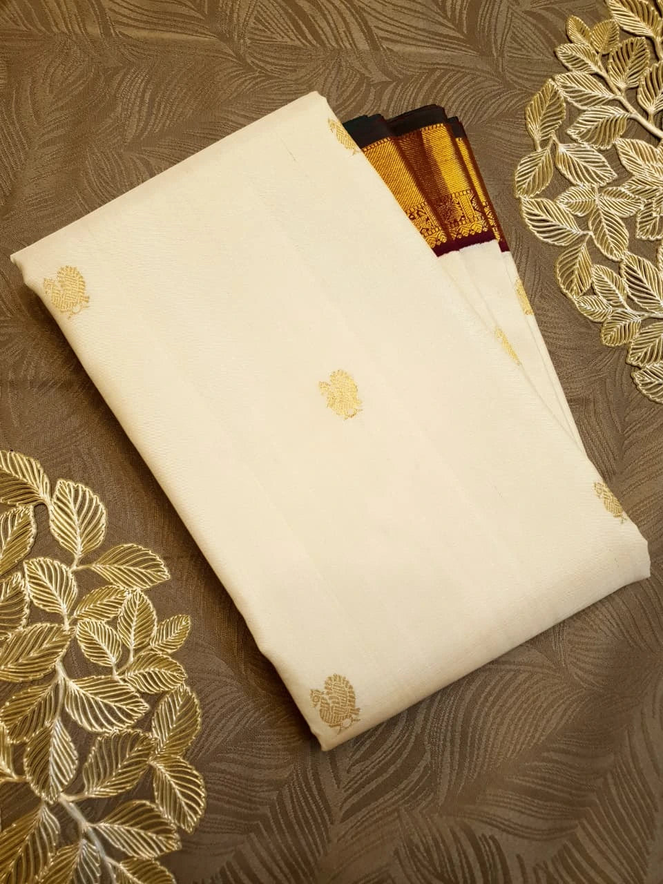 2G Pure Kanjivaram Silk Saree in Cream with Rich Maroon & Gold Zari Peacock Border | Silkmark Certified