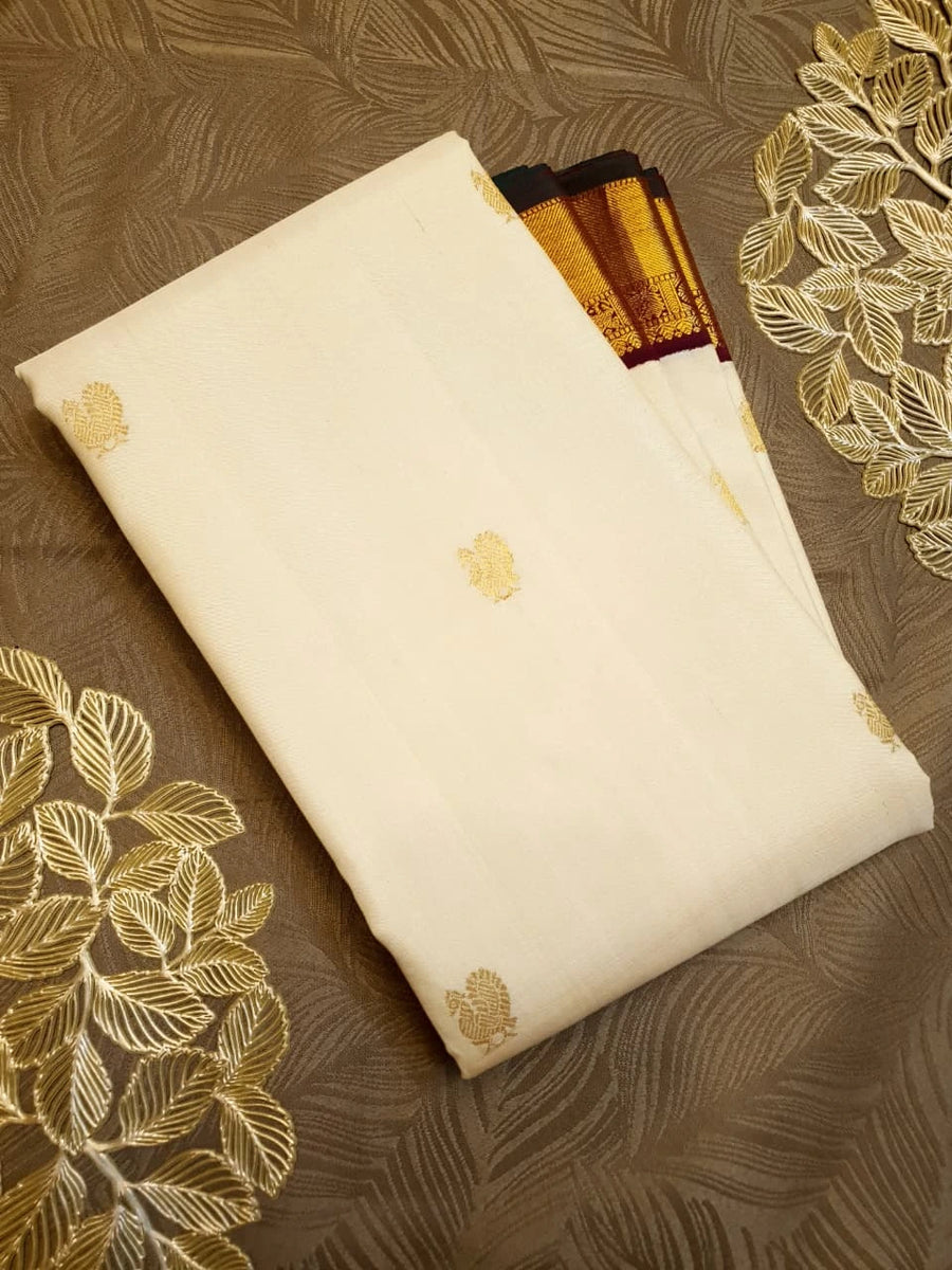 2G Pure Kanjivaram Silk Saree in Cream with Rich Maroon & Gold Zari Peacock Border | Silkmark Certified