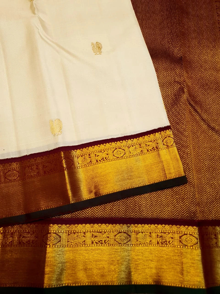 2G Pure Kanjivaram Silk Saree in Cream with Rich Maroon & Gold Zari Peacock Border | Silkmark Certified