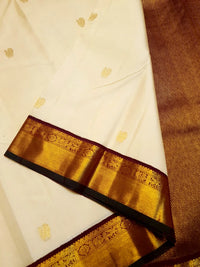2G Pure Kanjivaram Silk Saree in Cream with Rich Maroon & Gold Zari Peacock Border | Silkmark Certified