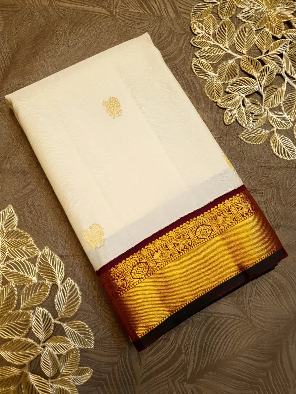 2G Pure Kanjivaram Silk Saree in Cream with Rich Maroon & Gold Zari Peacock Border | Silkmark Certified