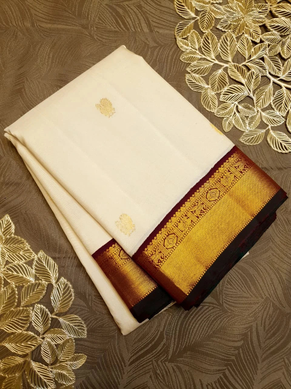 2G Pure Kanjivaram Silk Saree in Cream with Rich Maroon & Gold Zari Peacock Border | Silkmark Certified