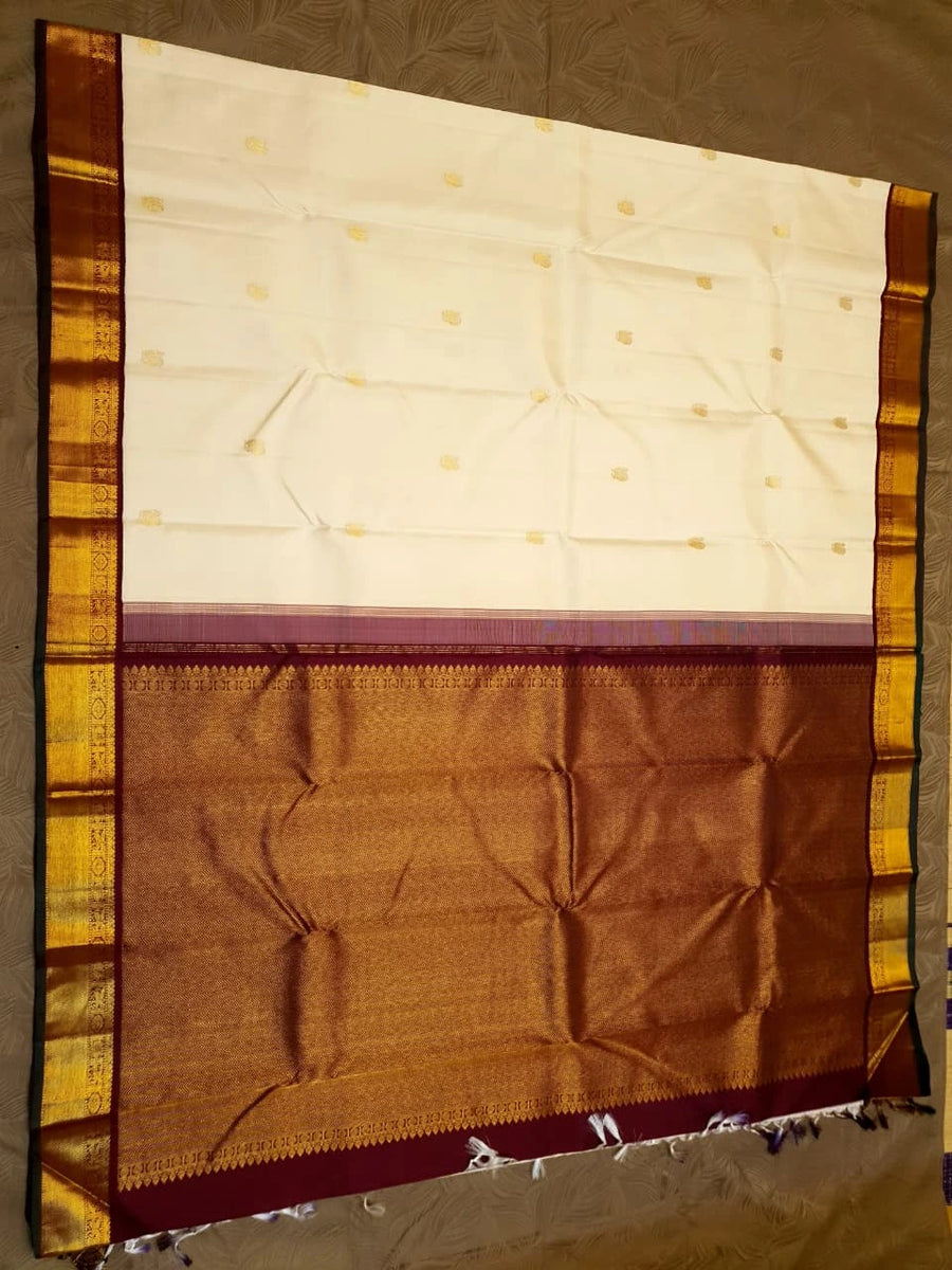 2G Pure Kanjivaram Silk Saree in Cream with Rich Maroon & Gold Zari Peacock Border | Silkmark Certified