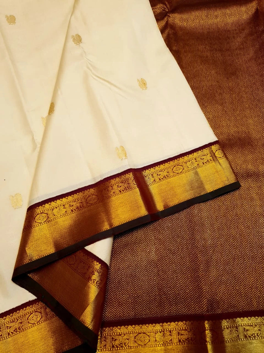 2G Pure Kanjivaram Silk Saree in Cream with Rich Maroon & Gold Zari Peacock Border | Silkmark Certified