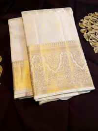 2 Gram Pure Kanjivaram Silk Saree in Cream with Rich Gold Zari Floral Motifs, Broad Zari Border & Traditional Lord Krishna Pallu | Silkmark Certified