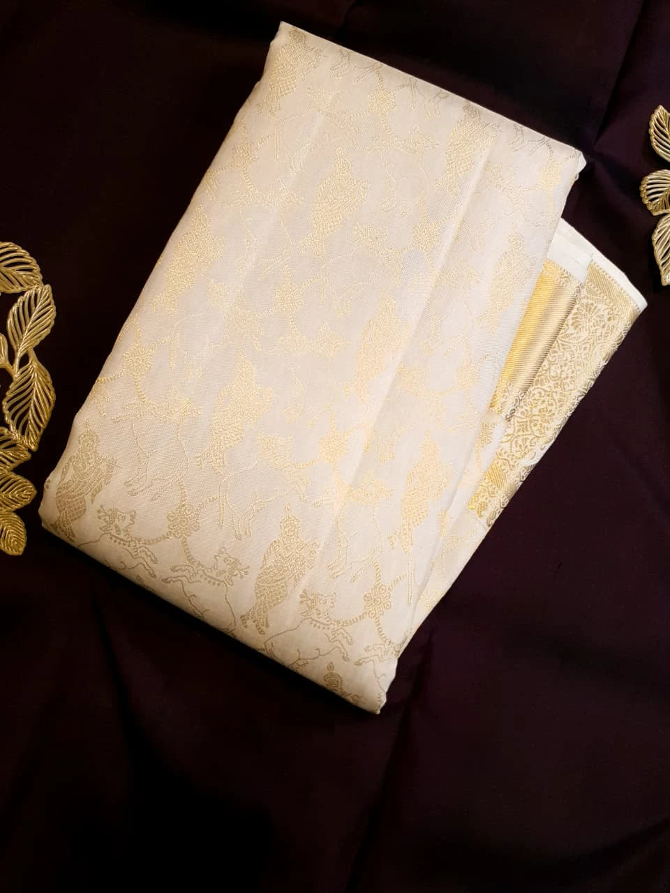 2 Gram Pure Kanjivaram Silk Saree in Cream with Rich Gold Zari Floral Motifs, Broad Zari Border & Traditional Lord Krishna Pallu | Silkmark Certified