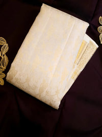2 Gram Pure Kanjivaram Silk Saree in Cream with Rich Gold Zari Floral Motifs, Broad Zari Border & Traditional Lord Krishna Pallu | Silkmark Certified