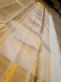 2 Gram Pure Kanjivaram Silk Saree in Cream with Rich Gold Zari Floral Motifs, Broad Zari Border & Traditional Lord Krishna Pallu | Silkmark Certified
