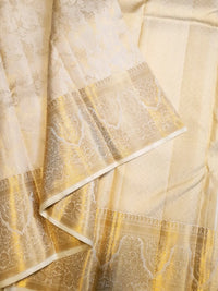 2 Gram Pure Kanjivaram Silk Saree in Cream with Rich Gold Zari Floral Motifs, Broad Zari Border & Traditional Lord Krishna Pallu | Silkmark Certified