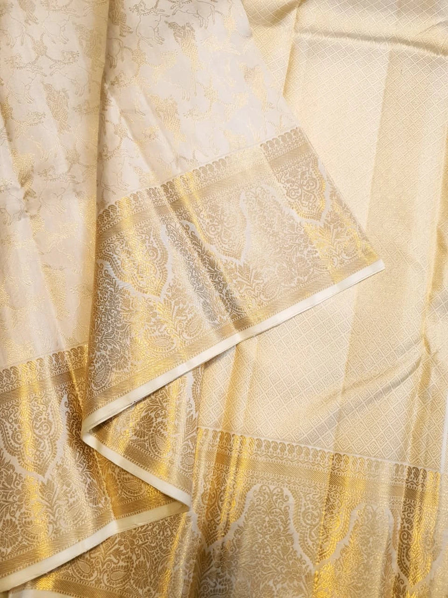 2 Gram Pure Kanjivaram Silk Saree in Cream with Rich Gold Zari Floral Motifs, Broad Zari Border & Traditional Lord Krishna Pallu | Silkmark Certified