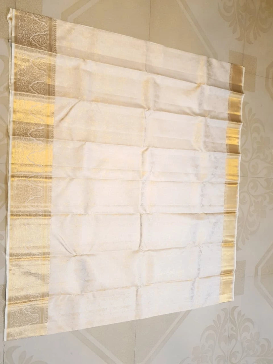 2 Gram Pure Kanjivaram Silk Saree in Cream with Rich Gold Zari Floral Motifs, Broad Zari Border & Traditional Lord Krishna Pallu | Silkmark Certified