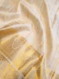2 Gram Pure Kanjivaram Silk Saree in Cream with Rich Gold Zari Floral Motifs, Broad Zari Border & Traditional Lord Krishna Pallu | Silkmark Certified