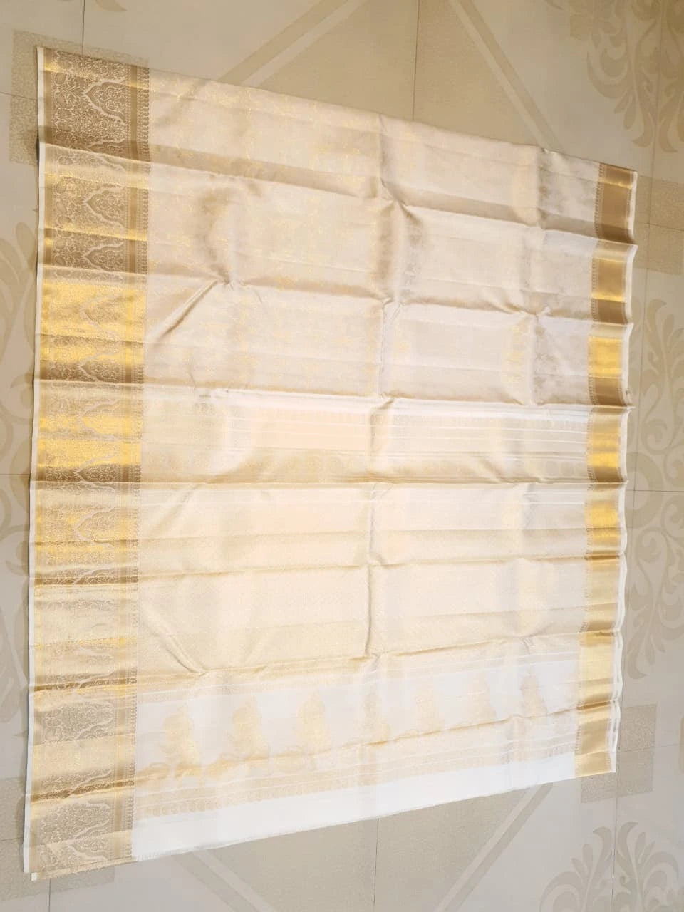 2 Gram Pure Kanjivaram Silk Saree in Cream with Rich Gold Zari Floral Motifs, Broad Zari Border & Traditional Lord Krishna Pallu | Silkmark Certified