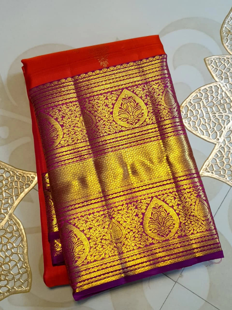 2Gram Pure Kanjivaram Silk Saree - Coral Orange  | Silkmark Certified