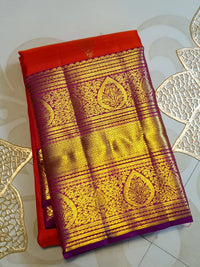 2Gram Pure Kanjivaram Silk Saree - Coral Orange  | Silkmark Certified