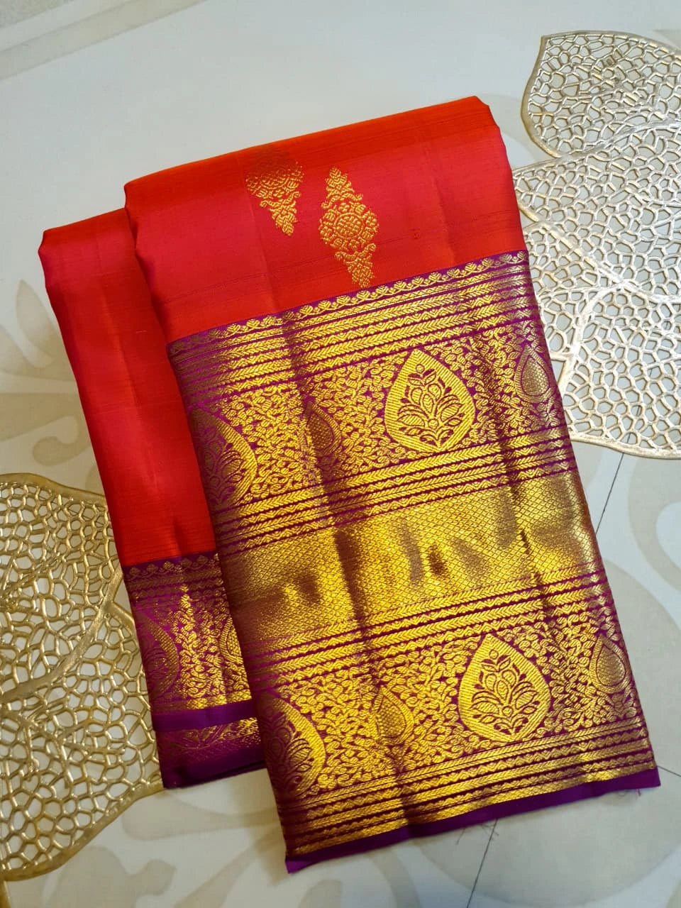 2Gram Pure Kanjivaram Silk Saree - Coral Orange  | Silkmark Certified