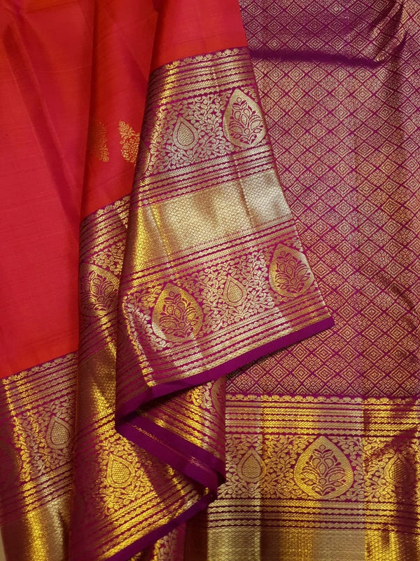 2Gram Pure Kanjivaram Silk Saree - Coral Orange  | Silkmark Certified