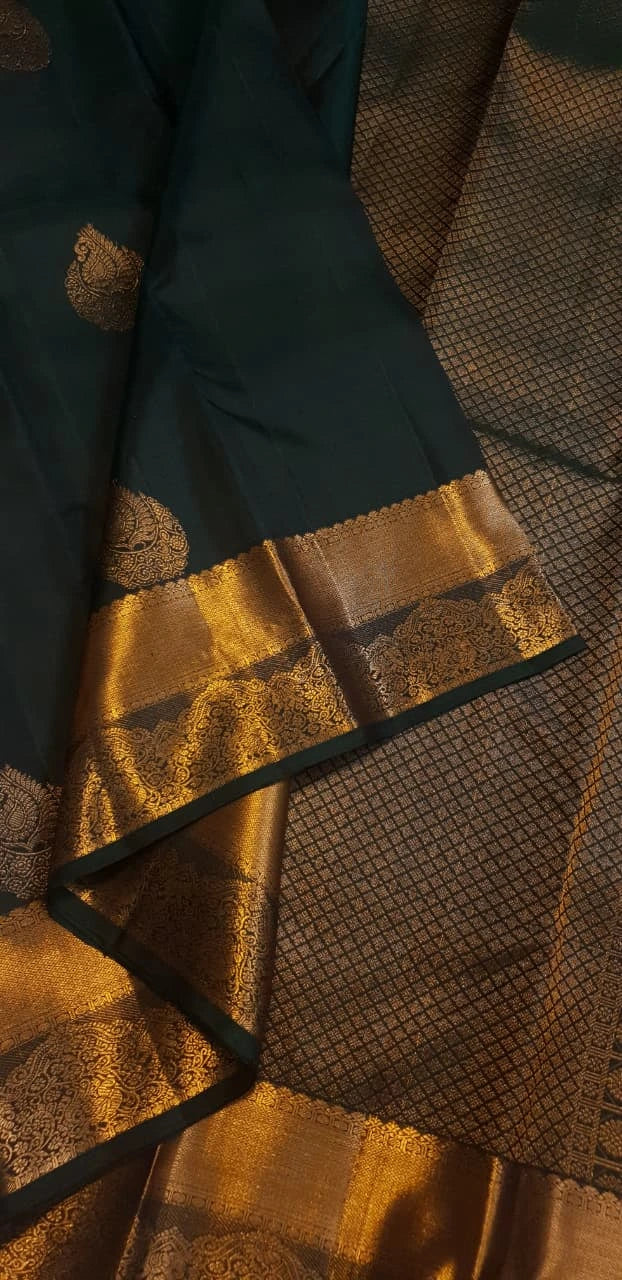 2Gram Pure Kanjivaram Silk Saree - Dark Green  Silkmark Certified