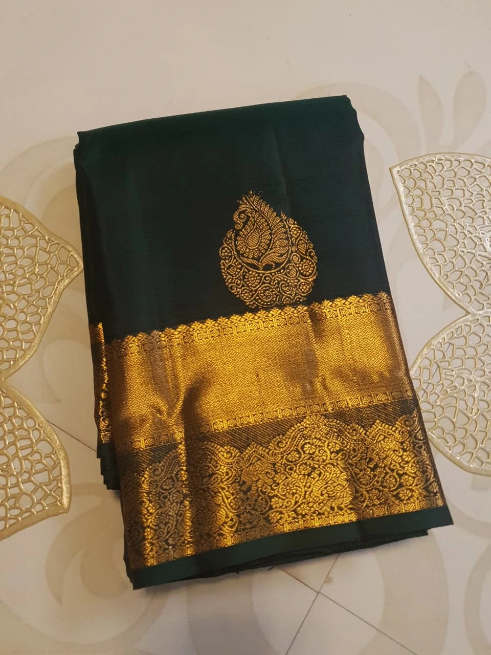 2Gram Pure Kanjivaram Silk Saree - Dark Green  Silkmark Certified