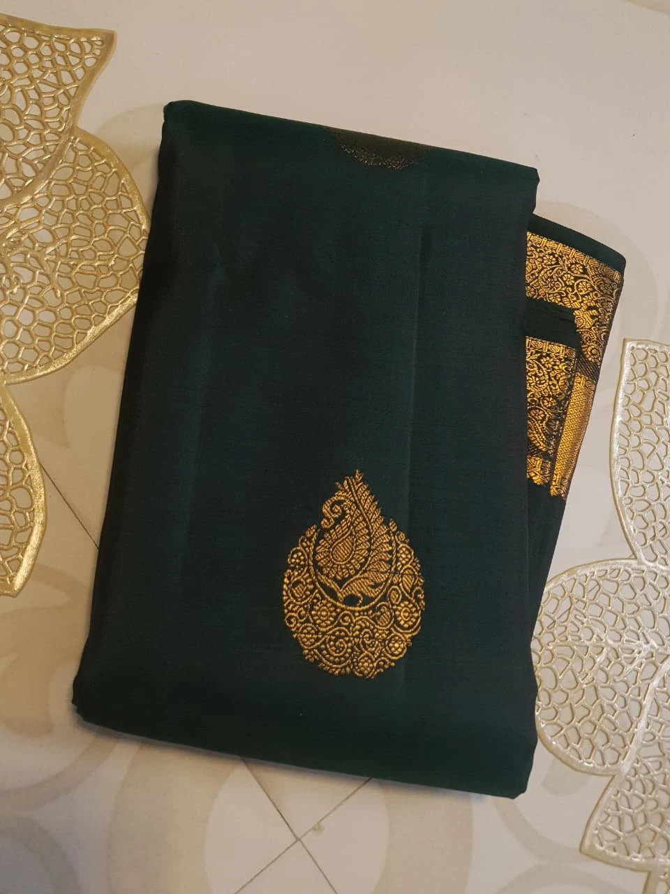 2Gram Pure Kanjivaram Silk Saree - Dark Green  Silkmark Certified