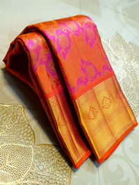 2G Pure Kanjivaram Silk Saree in Vibrant Orange with Pink Floral Brocade, Rich Gold Zari Border & Traditional Zari Pallu | Silkmark Certified