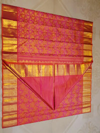 2G Pure Kanjivaram Silk Saree in Vibrant Orange with Pink Floral Brocade, Rich Gold Zari Border & Traditional Zari Pallu | Silkmark Certified