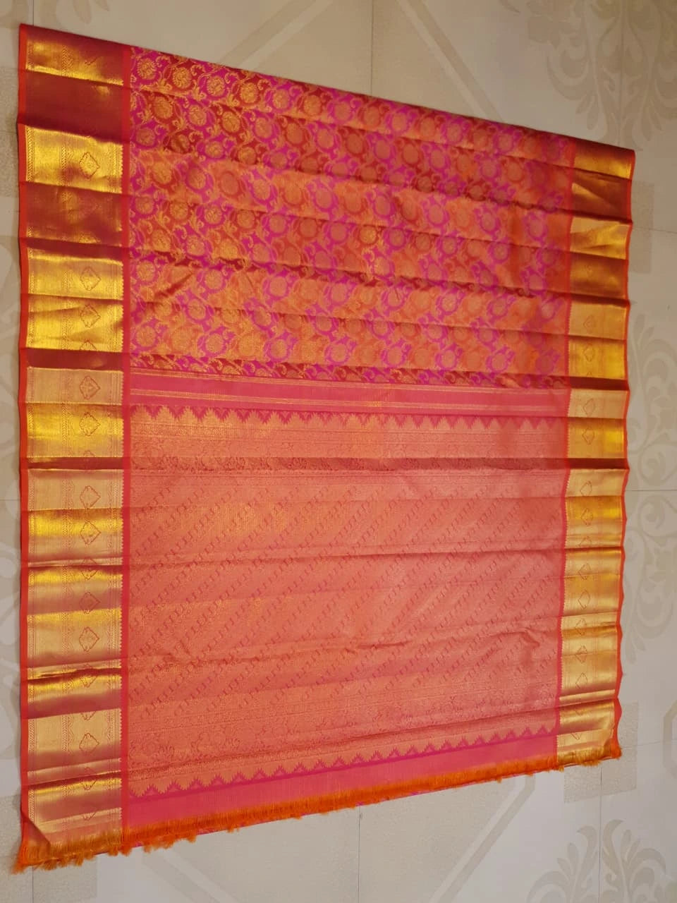 2G Pure Kanjivaram Silk Saree in Vibrant Orange with Pink Floral Brocade, Rich Gold Zari Border & Traditional Zari Pallu | Silkmark Certified
