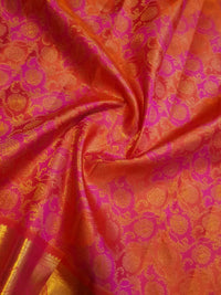 2G Pure Kanjivaram Silk Saree in Vibrant Orange with Pink Floral Brocade, Rich Gold Zari Border & Traditional Zari Pallu | Silkmark Certified