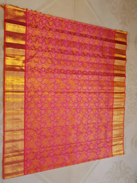 2G Pure Kanjivaram Silk Saree in Vibrant Orange with Pink Floral Brocade, Rich Gold Zari Border & Traditional Zari Pallu | Silkmark Certified