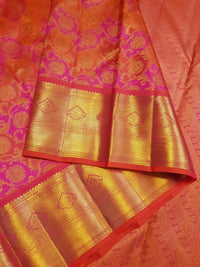 2G Pure Kanjivaram Silk Saree in Vibrant Orange with Pink Floral Brocade, Rich Gold Zari Border & Traditional Zari Pallu | Silkmark Certified