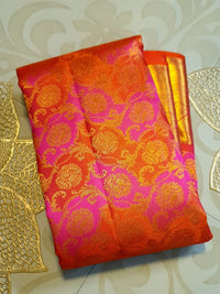 2G Pure Kanjivaram Silk Saree in Vibrant Orange with Pink Floral Brocade, Rich Gold Zari Border & Traditional Zari Pallu | Silkmark Certified